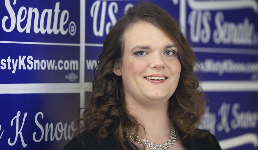 Democratic candidate for Senate Misty Snow poses for a photograph Tuesday, June 28, 2016, in Salt Lake City. Snow won Utah&#39;s Democratic U.S. Senate primary. The transgender woman making her first foray into politics will face off against incumbent Republican Sen. Mike Lee in November after winning the Democratic nomination. (AP Photo/Rick Bowmer)