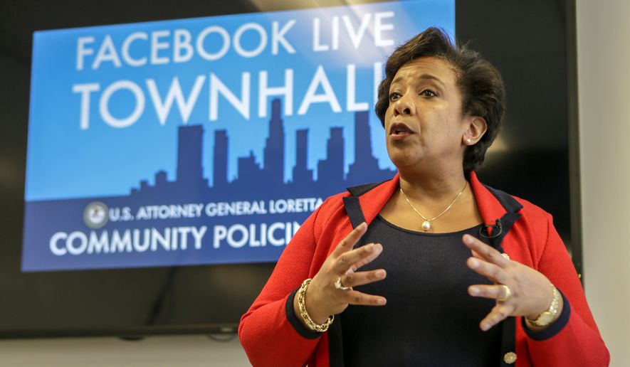Attorney General Loretta Lynch at a Facebook Live Town Hall meeting on Thursday June 30, 2016 in Playa Vista campus. Attorney General Loretta Lynch is visiting Los Angeles as part of Community Policing Tour.  Former President Bill Clinton spoke with Lynch during an impromptu meeting in Phoenix, but Lynch said the discussion did not involve the investigation into Hillary Clinton&#39;s email use as secretary of state. (Irfan Khan / Los Angeles Times)  /Los Angeles Times via AP)