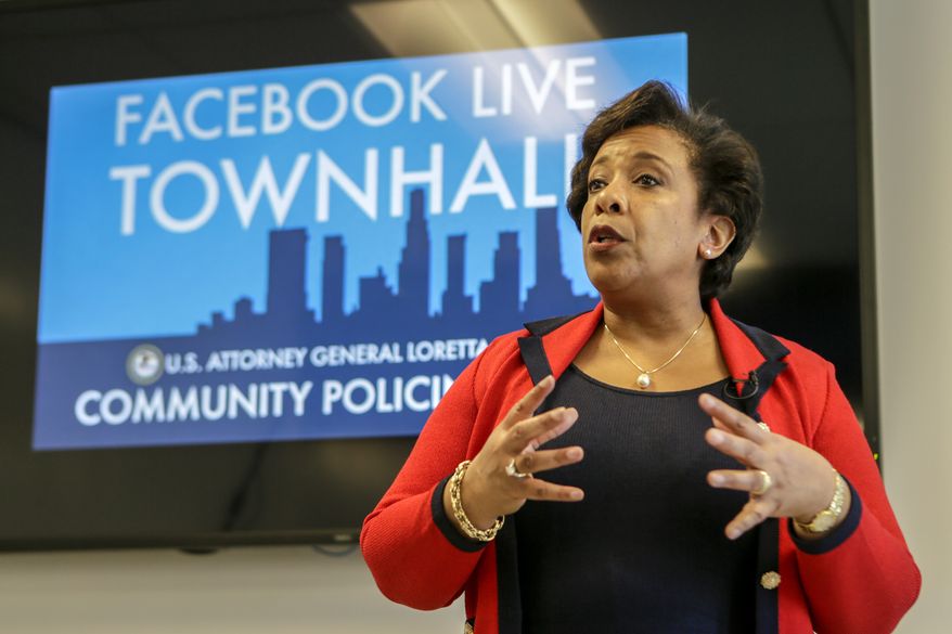 Attorney General Loretta Lynch at a Facebook Live Town Hall meeting on Thursday June 30, 2016 in Playa Vista campus. Attorney General Loretta Lynch is visiting Los Angeles as part of Community Policing Tour.  Former President Bill Clinton spoke with Lynch during an impromptu meeting in Phoenix, but Lynch said the discussion did not involve the investigation into Hillary Clinton&#39;s email use as secretary of state. (Irfan Khan / Los Angeles Times)  /Los Angeles Times via AP)