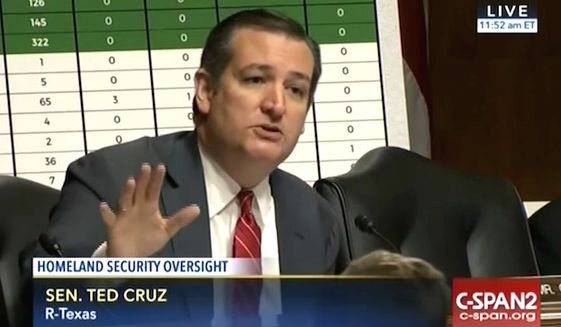 Texas Sen. Ted Cruz questions DHS Secretary Jeh Johnson on the Obama administration's decision to "purge" references to Islam from terrorism reports, Thursday, June 30, 2016. (C-SPAN 2)