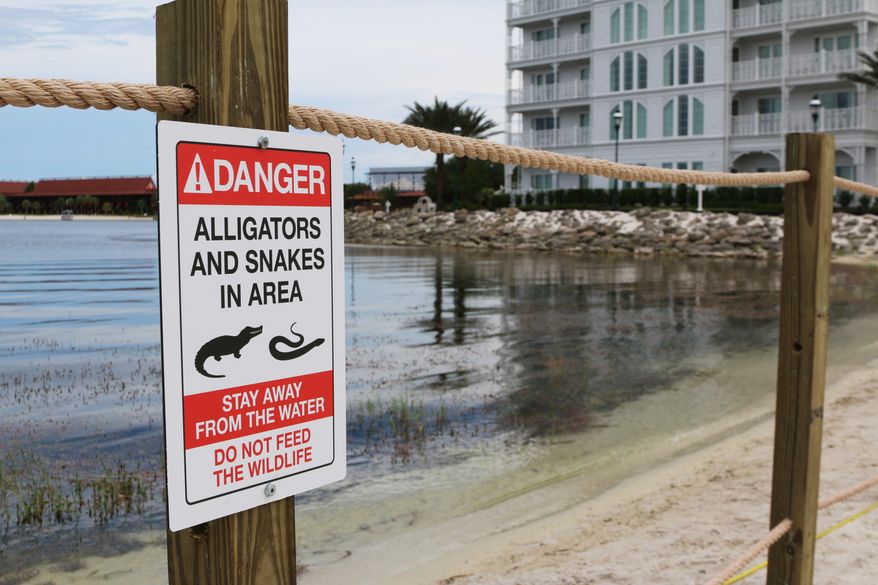 In this Friday, June, 17, 2016 file photo released by Walt Disney World Resort, a new sign is seen posted on a beach outside a hotel at a Walt Disney World resort in Lake Buena Vista, Fla., after a 2-year-old Nebraska boy killed by an alligator at Disney World. (Walt Disney World Resort via AP, File)