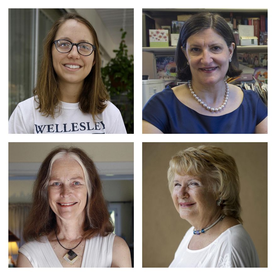 This combination of June 2015 photos shows, top row from left, Emily DiVito in St. Petersburg, Fla., and Dr. Sarah Schlesinger in New York; at bottom row from left are Cheryl Walker in Los Angeles and Cheryl Brierton in San Diego. All four are graduates of Wellesley College, also the alma mater of Hillary Clinton. (AP Photo)