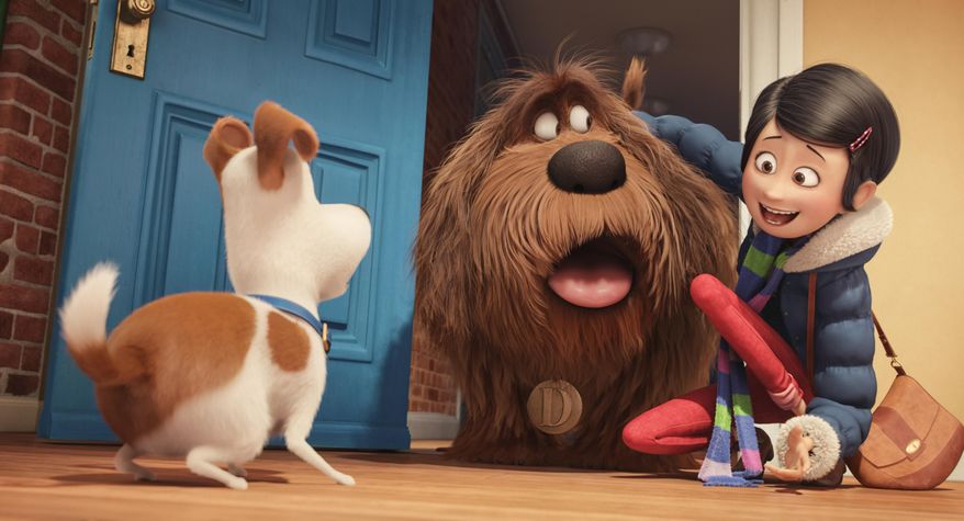 In this image released by Universal Pictures, from left, characters Max, voiced by Louis C.K., Duke, voiced by Eric Stonestreet, and Katie, voiced by Ellie Kemper, appear in a scene from, "The Secret Lives of Pets." (Illumination Entertainment and Universal Pictures via AP)