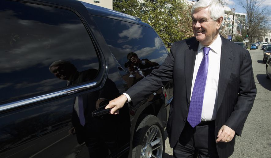 In this March 21, 2016 photo, former House Speaker Newt Gingrich leaves after a closed-door meeting with Republican presidential candidate Donald Trump, in Washington. Trump has narrowed down his vice presidential shortlist to a handful of contenders. While the presumptive GOP nominee is known for throwing curveballs, here's a look at some of the men and women he is said to be considering: Gingrich, Chris Christie, Mike Pence, and others. ( AP Photo/Jose Luis Magana, File)
