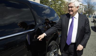 In this March 21, 2016 photo, former House Speaker Newt Gingrich leaves after a closed-door meeting with Republican presidential candidate Donald Trump, in Washington. Trump has narrowed down his vice presidential shortlist to a handful of contenders. While the presumptive GOP nominee is known for throwing curveballs, here&#39;s a look at some of the men and women he is said to be considering: Gingrich, Chris Christie, Mike Pence, and others. ( AP Photo/Jose Luis Magana, File)