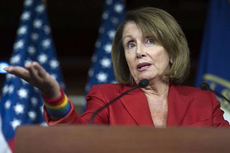 House Minority Leader Nancy Pelosi, California Democrat, speaks with reporters on Capitol Hill in Washington on July 7, 2016. (Associated Press) **FILE**