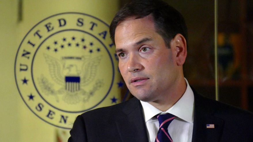 Sen. Marco Rubio, R-Fla., addresses the media at his Doral Headquarters, Friday afternoon, July 8, 2016, in Doral, Fla. Rubio spoke about the Dallas police shootings and the recent shootings of civilians, Philando Castile and Alton Sterling. (Emily Michot/Miami Herald via AP)