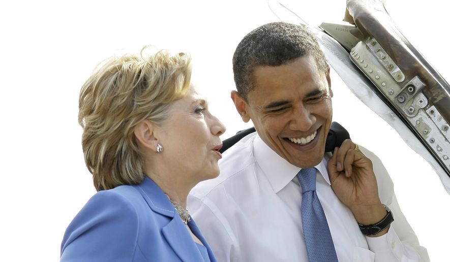 ADVANCE FOR USE WEDNESDAY, JULY 13, 2016 AND THEREAFTER-FILE - In this Friday, June 27, 2008 file photo, Democratic presidential candidate Sen. Barack Obama, D-Ill., boards a plane with Sen. Hillary Rodham Clinton, D-N.Y., at Washington&#39;s Ronald Reagan National Airport. (AP Photo/Alex Brandon)