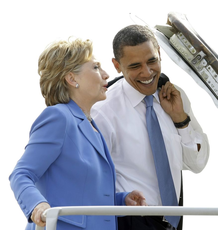 ADVANCE FOR USE WEDNESDAY, JULY 13, 2016 AND THEREAFTER-FILE - In this Friday, June 27, 2008 file photo, Democratic presidential candidate Sen. Barack Obama, D-Ill., boards a plane with Sen. Hillary Rodham Clinton, D-N.Y., at Washington&#39;s Ronald Reagan National Airport. (AP Photo/Alex Brandon)