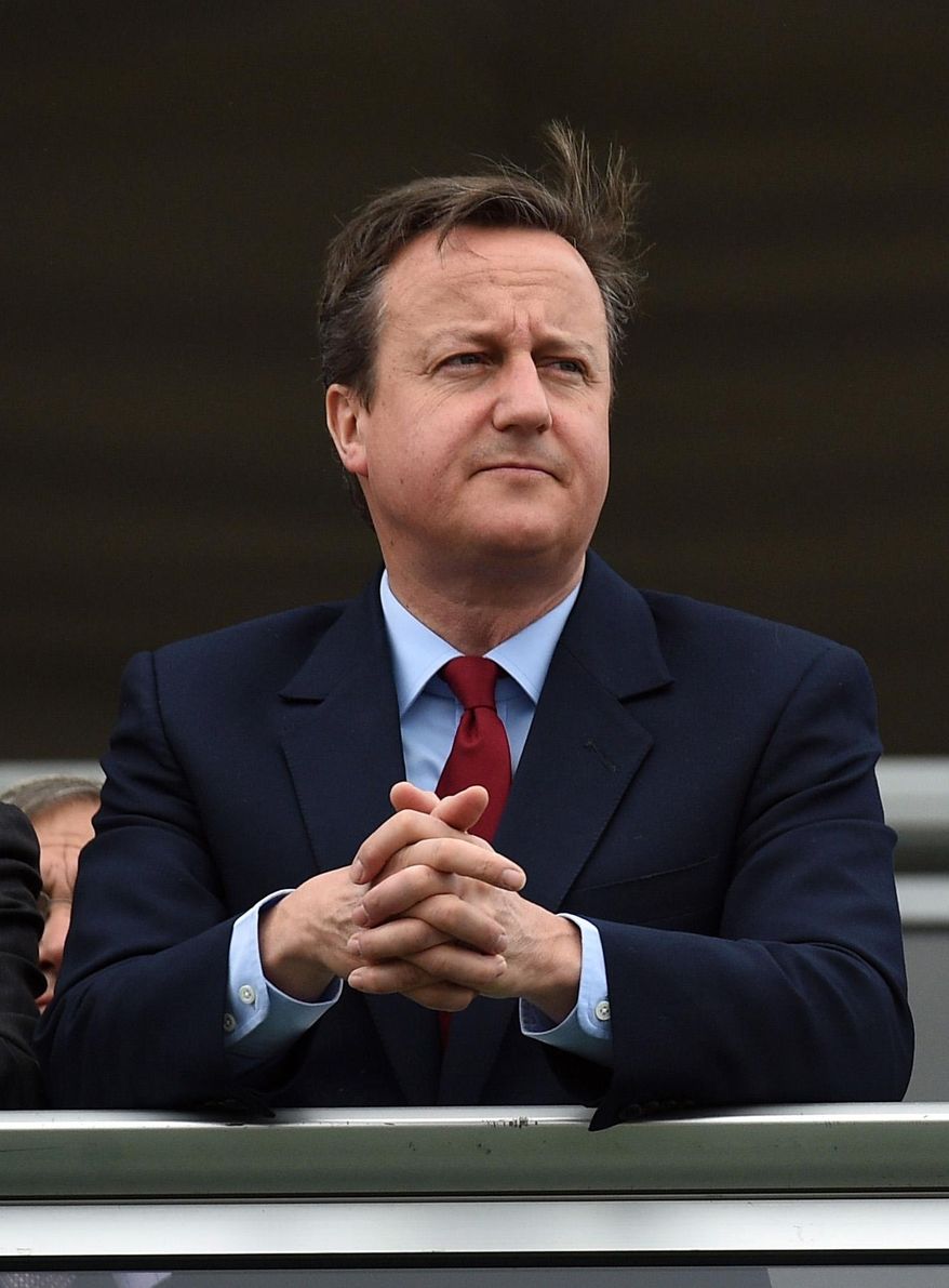 Britain's Prime Minister David Cameron attends the Farnborough International Airshow in Farnborough, England, Monday July 11, 2016. Andrea Leadsom, one of two Conservative lawmakers vying to replace Prime Minister David Cameron, withdrew from the contest Monday, leaving Home Secretary Theresa May as the sole remaining candidate. (Andrew Matthews/PA via AP)