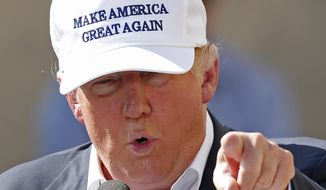 In this Thursday, June 30, 2016, file photo, Republican presidential candidate Donald Trump speaks at a town hall-style campaign event at the former Osram Sylvania light bulb factory in Manchester, N.H. (AP Photo/Robert F. Bukaty, File)