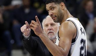  In this Dec. 2, 2015, file photo, San Antonio Spurs head coach Gregg Popovich, left, talks with forward Tim Duncan (21) during the second half of an NBA basketball game against the Milwaukee Bucks in San Antonio. They were joined at the hip for 19 years, a player and coach combination that enjoyed more wins than any in NBA history. And now that Duncan&#39;s playing days are done, Popovich is about to start anew in some respects.  (AP Photo/Eric Gay, File0 **FILE**