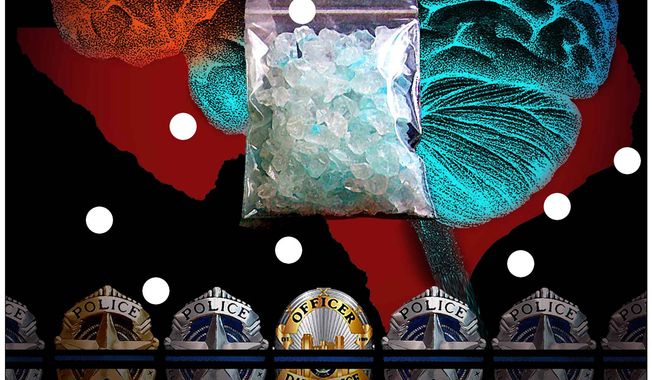 Illustration on Mexican meth and violent crime in Texas by Alexander Hunter/The Washington Times