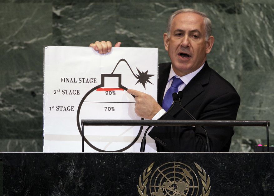 In this Sept. 27, 2012 photo, Israeli Prime Minister Benjamin Netanyahu shows an illustration as he describes his concerns over Iran's nuclear ambitions during his address to the 67th session of the United Nations General Assembly at U.N. headquarters. The Iran nuclear accord is fragile at its one-year anniversary. Upcoming elections in the U.S. and Iran could yield new leaders determined to derail the deal. The Mideast wars pit U.S. and Iranian proxies in conflict, with risks of escalation. Iran's ballistic missiles are threatening American allies in the Arab world and Israel, raising pressure on the United States to respond with force. (AP Photo/Richard Drew, File)