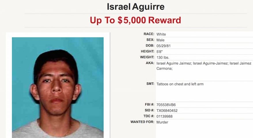 Texas law enforcement officials are offering a $5,000 reward for information leading to the arrest of Israel Aguirre. Mr. Aguirre is listed as "white" on the Texas Department of Public Safety's "10 Most Wanted" list. (Texas Department of Public Safety)