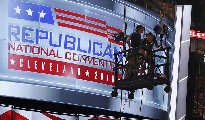 The main stage on the convention floor at the Quicken Loans Arena in downtown Cleveland, Ohio, is prepared for the upcoming Republican National Convention Wednesday, July 13, 2016. (AP Photo/Gene J. Puskar)
