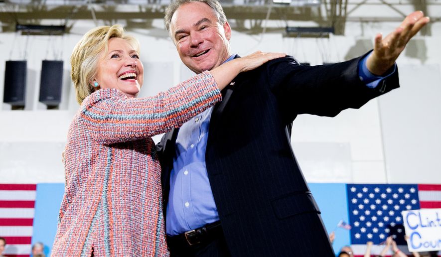 Democratic presidential candidate Hillary Clinton, accompanied by Sen. Tim Kaine, D-Va., speaks at a rally at Northern Virginia Community College in Annandale, Va., Thursday, July 14, 2016. Kaine has been rumored to be one of Clinton&#39;s possible vice president choices. (AP Photo/Andrew Harnik)