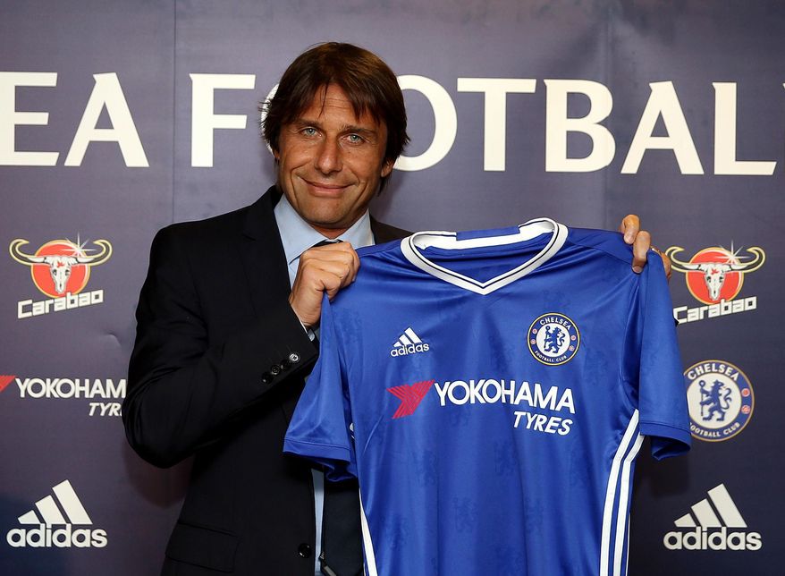Chelsea's new manager Antonio Conte is unveiled during a press conference at Stamford Bridge, London, Thursday, July 14, 2016. Conte was appointed Chelsea boss on April 4 and takes up his role after leading Italy at Euro 2016, where they suffered a penalty shootout loss to Germany in the quarter-finals. (Steve Paston/PA via AP)