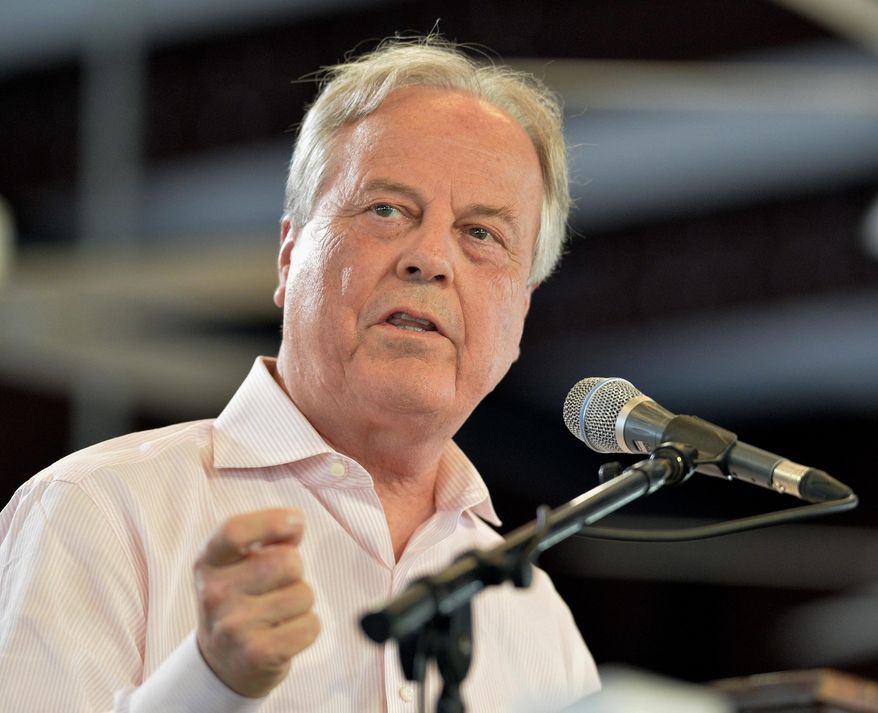 FILE - in this Aug. 1, 2015 file photo, Rep. Ed Whitfield, R-Ky. speaks in Fancy Farm, Ky. The House Ethics Committee says Whitfield violated House rules by allowing his wife to lobby staff members on a bill he sponsored that was related to her work. The ethics panel rebuked Whitfield for his actions Thursday, July 14, 2016, but said they were unintentional. (AP Photo/Timothy D. Easley, File)