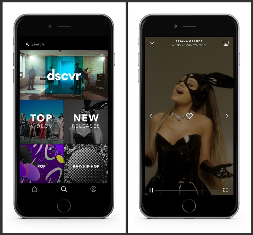 This photo combo of photos provided by Vevo shows examples of Vevo's relaunched app. Vevo, the music video brand of labels Sony and Universal, wants to give you a reason to watch videos somewhere other than YouTube. The relaunch of its mobile app Thursday, July 14, 2016, adds several hosts who will curate playlists and create original snippets of video, introduces a video player that, like Snapchat, allows you to view full-screen content while holding your phone upright instead of sideways, and gives you a personalized feed of recommended videos that automatically shows moving image previews. (Vevo via AP)