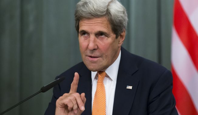U.S. Secretary of State John Kerry gestures while speaking to the media during his and Russian Foreign Minister Sergey Lavrov news conference following their long talks in Moscow, Russia, Friday, July 15, 2016. Lavrov and other Russian officials have called on their countrymen in Turkey to stay indoors amid uncertainty about whether a military coup is taking place. Lavrov made the statement early Saturday at a news conference with U.S. Secretary of State John Kerry. (AP Photo/Alexander Zemlianichenko)