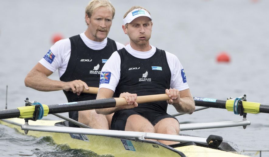 FILE - In this May 29, 2016, file photo, Hamish Bond and Eric Murray, from right, from New Zealand, compete at the Men's Pair Final race at the Rowing World Cup on Lake Rotsee in Lucerne, Switzerland. When Murray and Bond jump into their boat in Rio, people won’t be asking whether they’re going to win, but by how much. The pair hasn’t lost a race since 2007, so anything but a third consecutive Olympic gold medal would be a major upset. (Urs Flueeler/Keystone via AP, File)