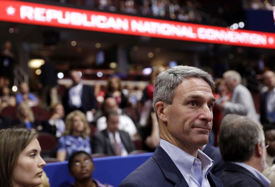 Former Attorney General of Virginia Ken Cuccinelli walks around the convention floor during first day of the Republican National Convention in Cleveland, Monday, July 18, 2016. (AP Photo/Matt Rourke)