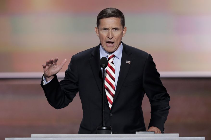 Retired Lt. Gen. Michael Flynn speaks during the opening day of the Republican National Convention on Monday in Cleveland. (Associated Press)