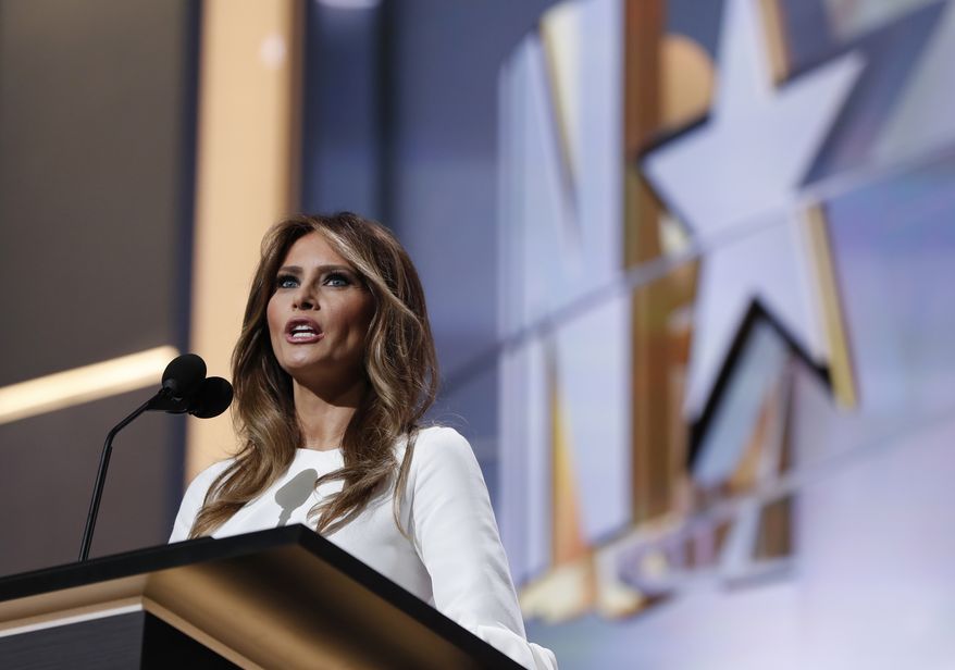 Melania Trump, wife of Republican Presidential Candidate Donald Trump, speaks during first day of the Republican National Convention in Cleveland, Monday, July 18, 2016. (AP Photo/Carolyn Kaster)