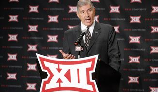 Big 12 commissioner Bob Bowlsby addresses attendees during Big 12 media day, Monday, July 18, 2016, in Dallas. With expansion still an unsettled issue for the Big 12 Conference, Commissioner Bowlsby gave his annual state of the league address to open football media days. And a day later he meets with the league&#39;s board of directors. (AP Photo/Tony Gutierrez)