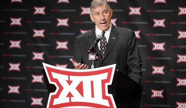 Big 12 commissioner Bob Bowlsby addresses attendees during Big 12 media day, Monday, July 18, 2016, in Dallas. With expansion still an unsettled issue for the Big 12 Conference, Commissioner Bowlsby gave his annual state of the league address to open football media days. And a day later he meets with the league&#x27;s board of directors. (AP Photo/Tony Gutierrez)
