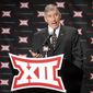 Big 12 commissioner Bob Bowlsby addresses attendees during Big 12 media day, Monday, July 18, 2016, in Dallas. With expansion still an unsettled issue for the Big 12 Conference, Commissioner Bowlsby gave his annual state of the league address to open football media days. And a day later he meets with the league&#x27;s board of directors. (AP Photo/Tony Gutierrez)
