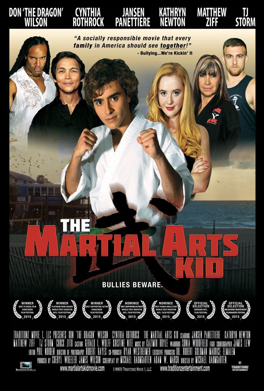 Jansen Panettiere (center), Don "The Dragon" Wilson (second from left) and Cynthia Rothrock (second from right) star in "The Martial Arts Kid," available for digital download July 19.