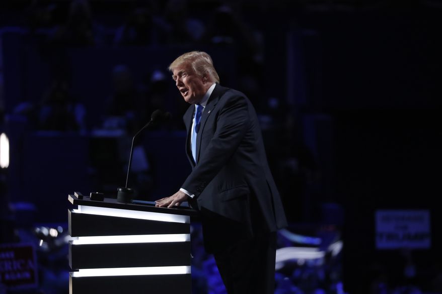 Republican presidential candidate Donald Trump briefly addresses delegates during the opening day of the Republican National Convention in Cleveland, Monday, July 18, 2016. (AP Photo/Paul Sancya)