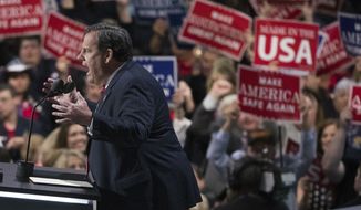New Jersey Gov. Chris Christie speaks on the second night of the Republican National Convention, Tuesday, July 19, 2016, in Cleveland. (AP Photo/Evan Vucci)