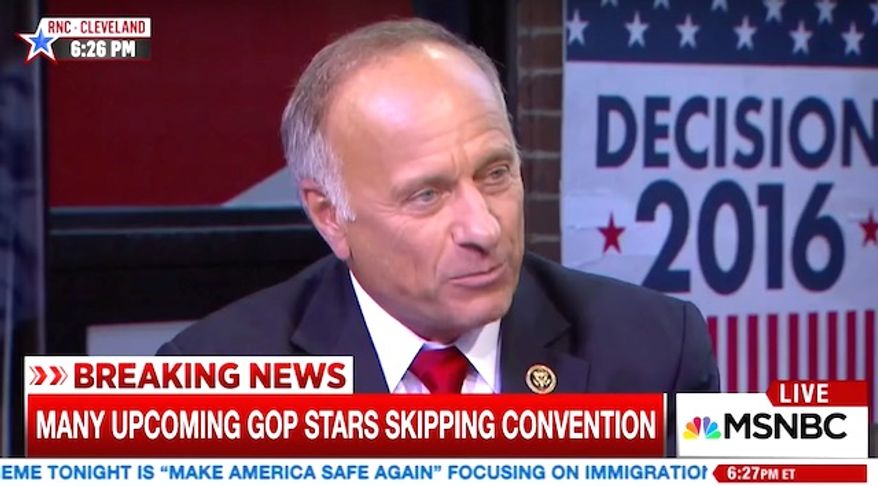 Rep. Steve King of Iowa asked MSNBC gave a staunch defense of Western civilization on Monday, July 18, 2016, during an MSNBC interview and was accused of "white supremacist" speech by Vanity Fair. (MSNBC screenshot)