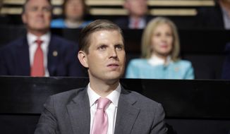 Eric Trump, son of Republican Presidential nominee Donald J. Trump, watches during the third day session of the Republican National Convention in Cleveland, Wednesday, July 20, 2016. (AP Photo/John Locher)