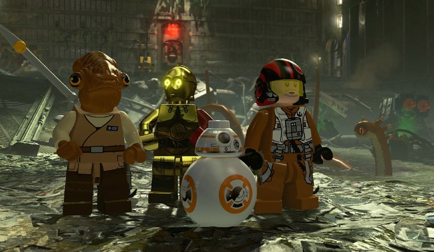 Admiral Ackbar, C-3PO, BB-8 and Poe Damron escape a trash compactor in the video game Lego Star Wars: The Force Awakens.