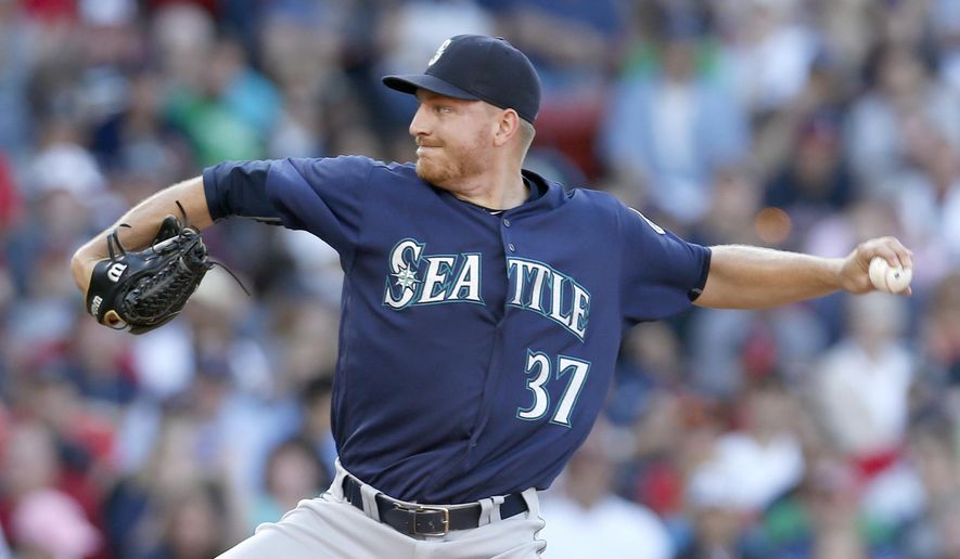 FILE - In this Saturday, June 18, 2016 file photo, Seattle Mariners relief pitcher Mike Montgomery (37) pitches during the sixth inning of a baseball game against the Boston Red Sox at Fenway Park in Boston. The Chicago Cubs added bullpen help by acquiring left-hander Mike Montgomery from the Seattle Mariners for first baseman and designated hitter Dan Vogelbach, Wednesday, July 20, 2016. (AP Photo/Mary Schwalm, File)