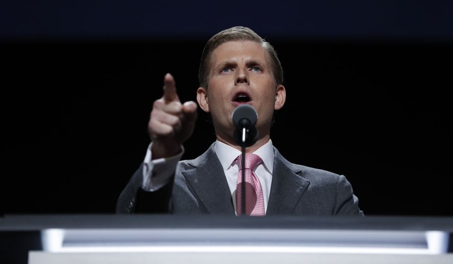 Eric Trump, son of Republican Presidential nominee Donald J. Trump, speaks during the third day session of the Republican National Convention in Cleveland, Wednesday, July 20, 2016. (AP Photo/Carolyn Kaster)