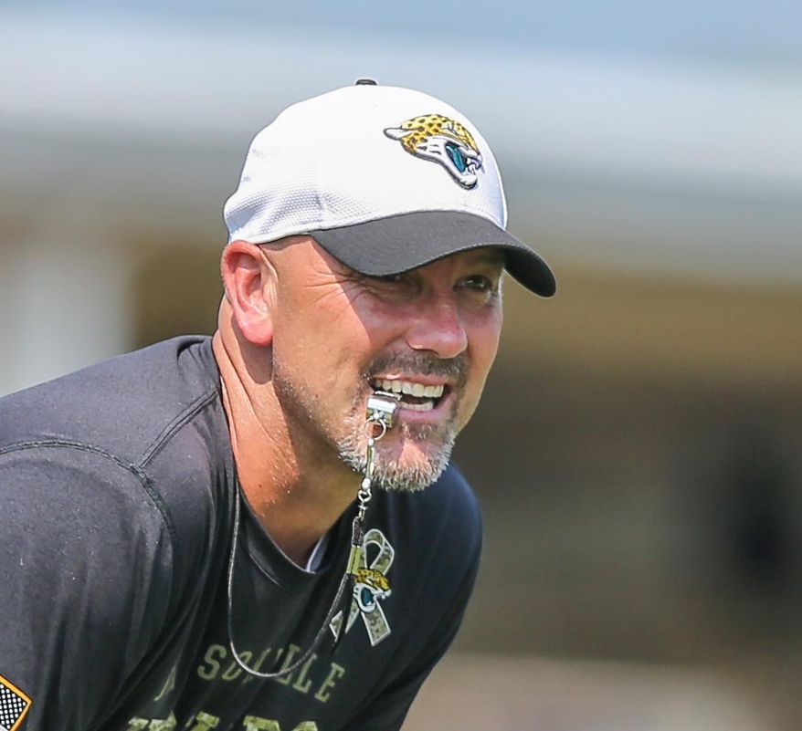 FILE - In this June 14, 2016, file photo, Jacksonville Jaguars head coach Gus Bradley watches during an NFL football minicamp practice in Jacksonville, Fla. The overhaul is complete. The pieces are in place. And for the first time in years, there are expectations for the Jaguars. (AP Photo/Gary McCullough, File)