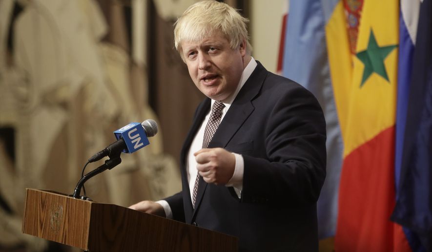 Britain&#x27;s Foreign Secretary Boris Johnson speaks to the media at United Nations headquarters Friday, July 22, 2016. (AP Photo/Frank Franklin II)