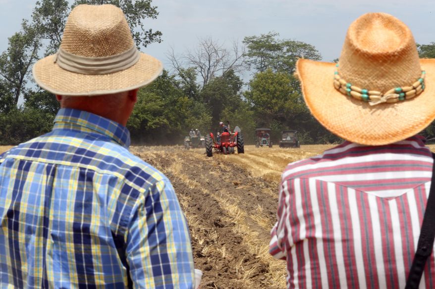 In a July 17, 2016 photo, Denney Kerns, left, and Harold Dull, both of Van Wert County,Ohio, watch as men try to plow by pulling a plowshare during the 56th annual reunion of the Five Point Steam Threshers in Perrysburg Township, Ohio. (Jetta Fraser/The Blade via AP)