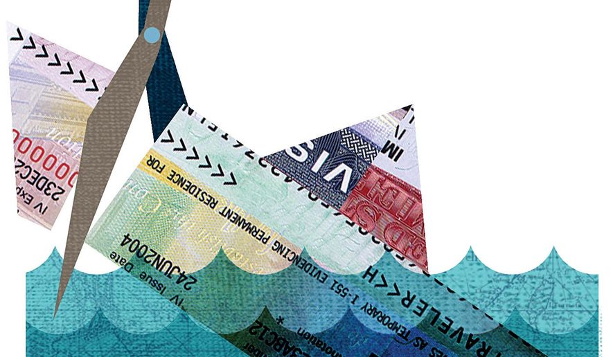 Illustration on leveraging U.S. visas against China's territorial aggression in the South China Sea by Linas Garsys/The Washington Times