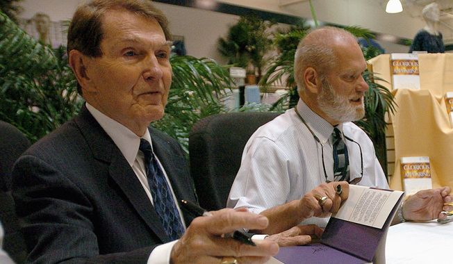 Tim LaHaye (left), shown here with co-author Jerry B. Jenkins, was a prolific writer of fiction and nonfiction best-sellers. He died Monday in San Diego days after suffering a stroke at age 90. (Associated Press)