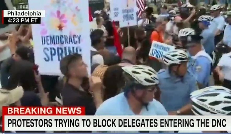 Democracy Spring activists protest at the Democratic National Convention in Philadelphia on July 25, 2016. (CNN screenshot)