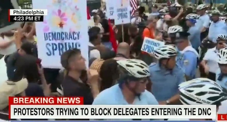Democracy Spring activists protest at the Democratic National Convention in Philadelphia on July 25, 2016. (CNN screenshot)
