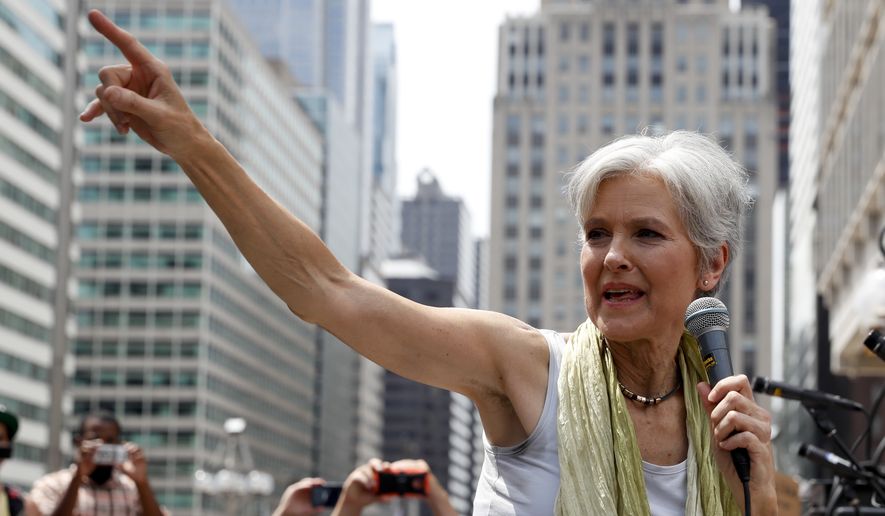 Dr. Jill Stein, presumptive Green Party presidential nominee, speaks at a rally in Philadelphia, Tuesday, July 26, 2016, during the second day of the Democratic National Convention. (AP Photo/John Minchillo)
