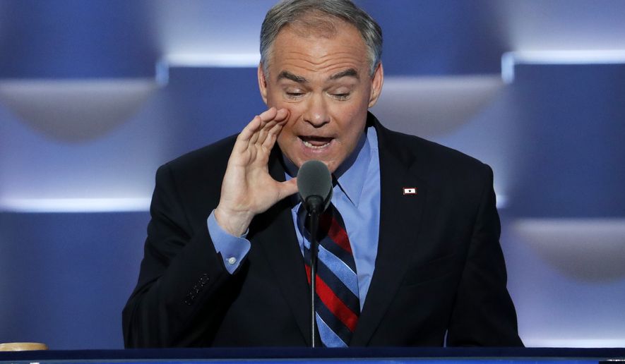 Democratic vice presidential candidate, Sen. Tim Kaine, D-Va., speaks during the third day of the Democratic National Convention in Philadelphia, Wednesday, July 27, 2016. (AP Photo/J. Scott Applewhite)