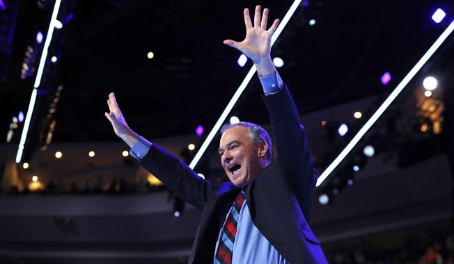 Democratic vice presidential candidate, Sen. Tim Kaine, D-Va., waves after speaking to delegates during the third day session of the Democratic National Convention in Philadelphia, Wednesday, July 27, 2016. (AP Photo/Carolyn Kaster)